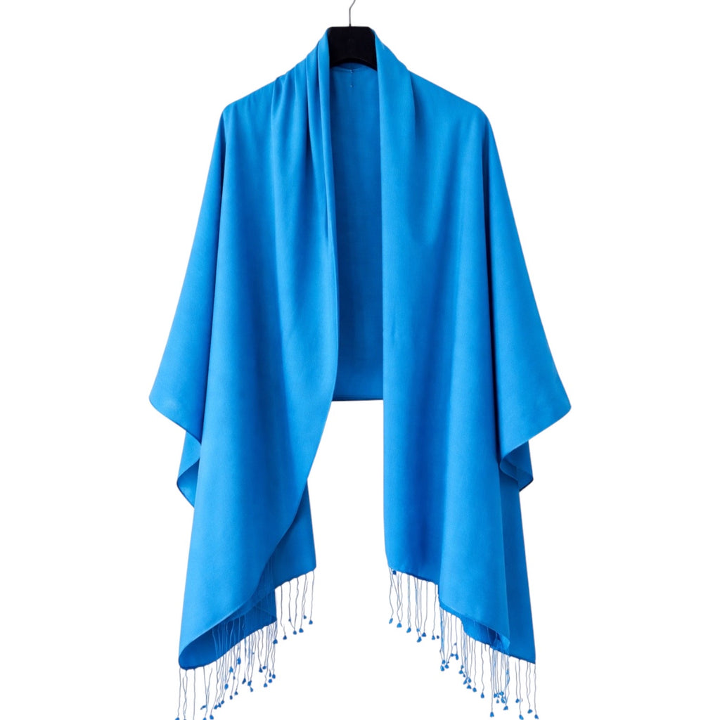 Cerulean Blue 70% Cashmere 30% Silk Wrap with Tassels by Kenmare Cashmere