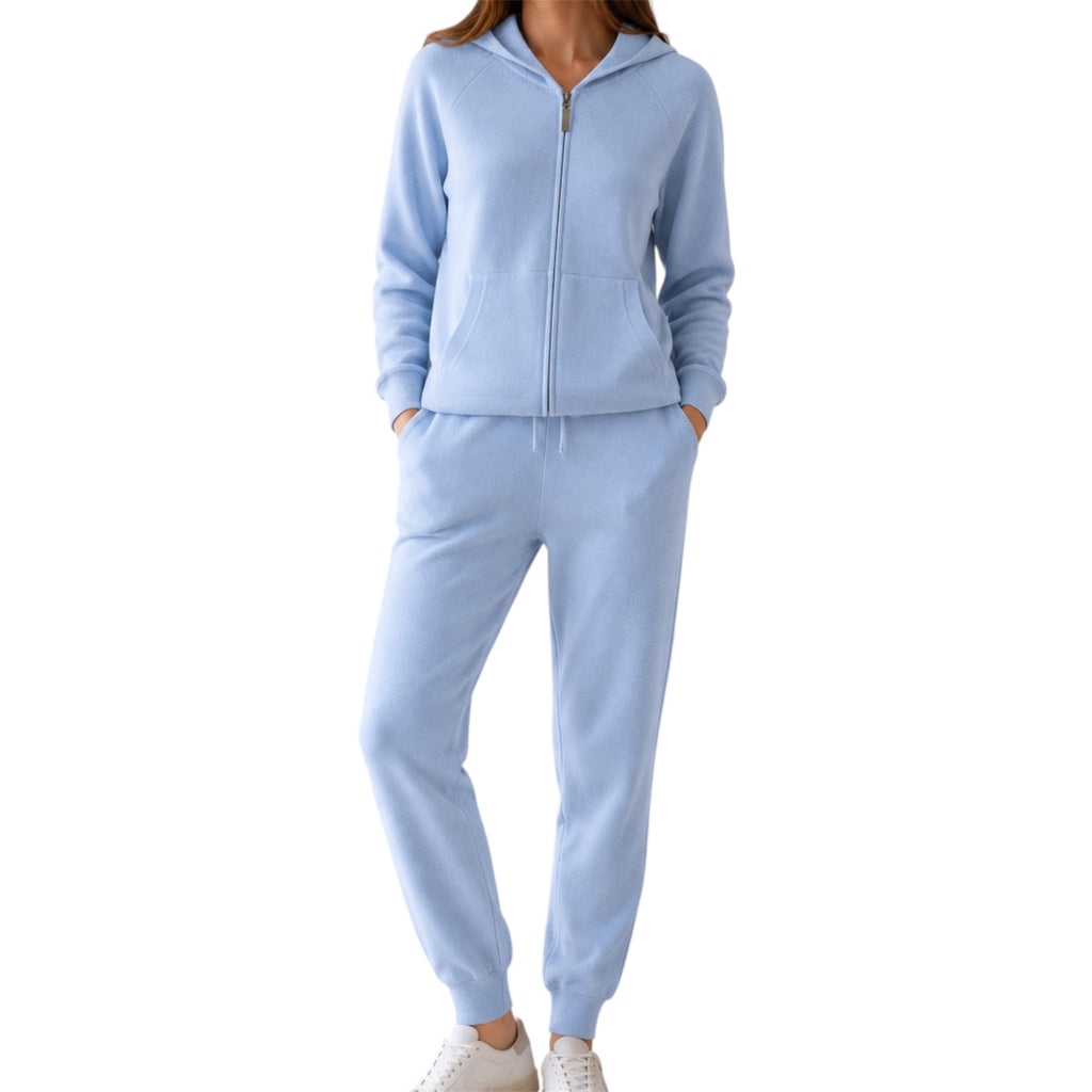 Baby Blue 100% Pure Cashmere Hoodie paired with 100% Pure Cashmere Joggers by Kenmare Cashmere