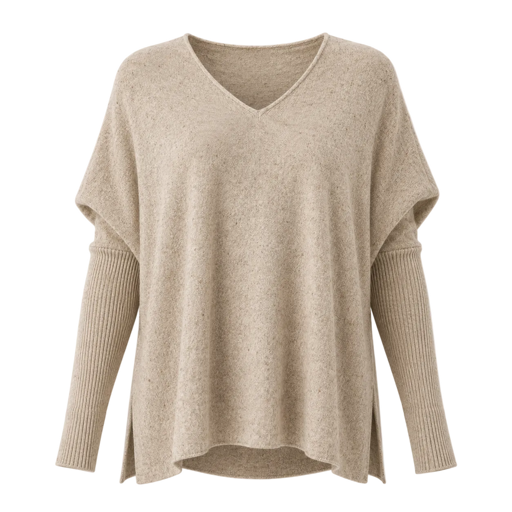 Oatmeal 100% Pure Cashmere V Neck Tunic by Kenmare Cashmere