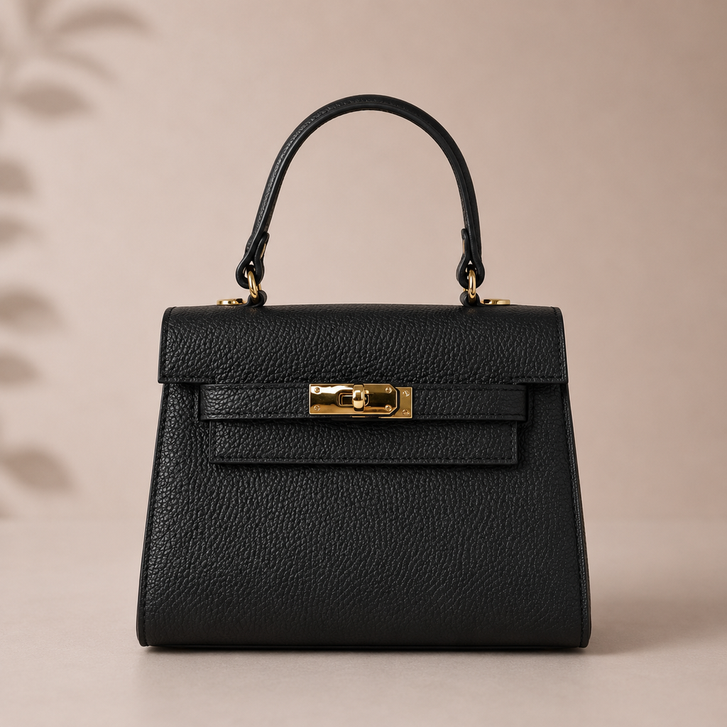 Black Italian Leather Mini Tote Bag with Gold Clasp by Kenmare Cashmere