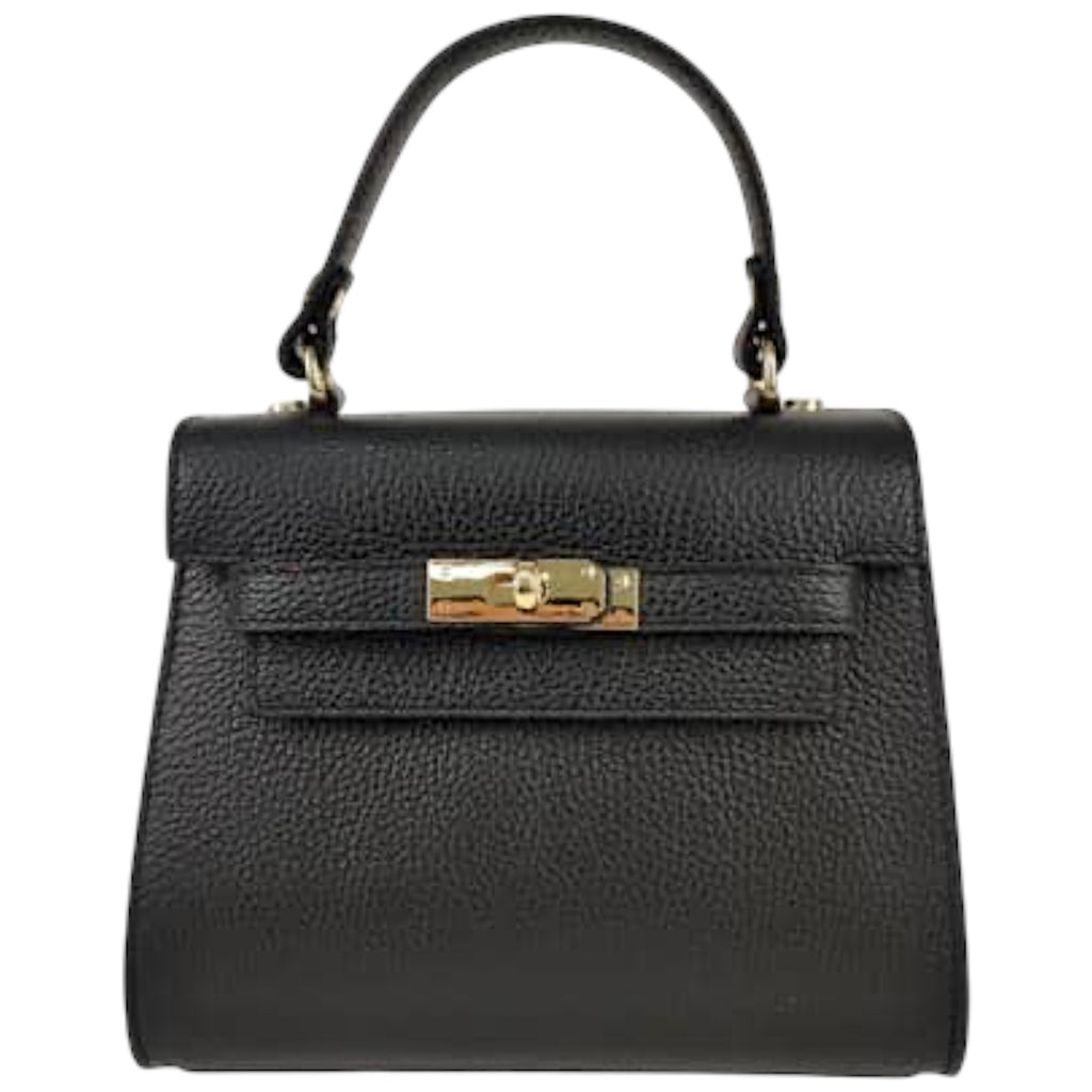 Black Italian Leather Mini Tote Bag with Gold Clasp by Kenmare Cashmere