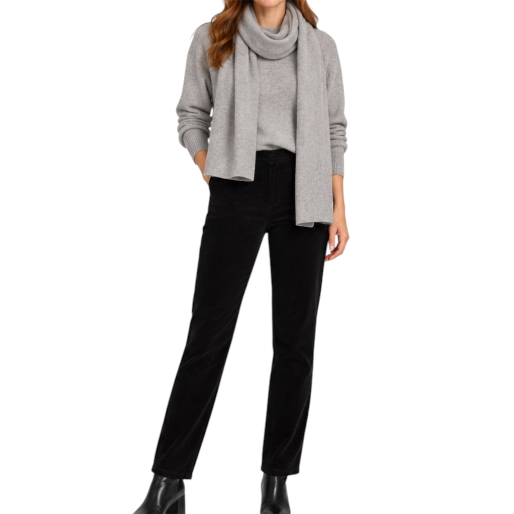 Black Robell Corduroy Trousers styled with Silver Grey 100% Pure Cashmere Crew Neck and Matching Cashmere Scarf by Kenmare Cashmere