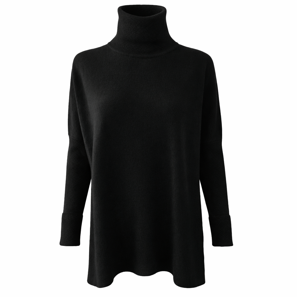 Black Roll Neck 100% Pure Cashmere Tunic with Side Slits by Kenmare Cashmere