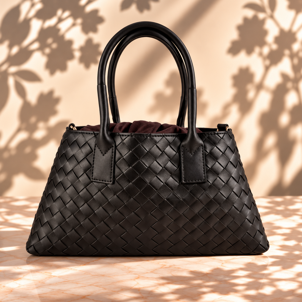 A black woven leather handbag with double top handles, displayed on a marble surface with leaf shadows cast across it.