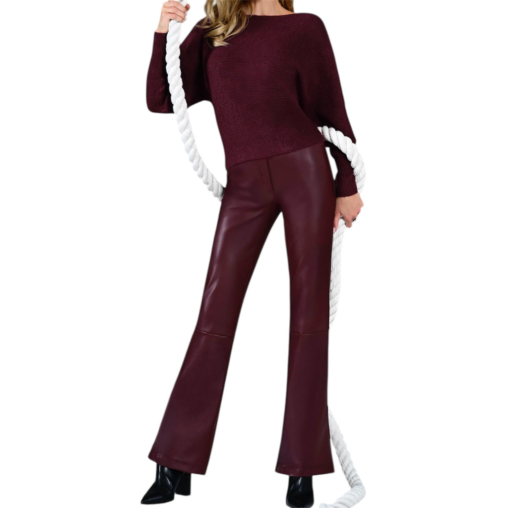 Burgundy Leather Flared Trousers with Elasticated Waistband by Robell