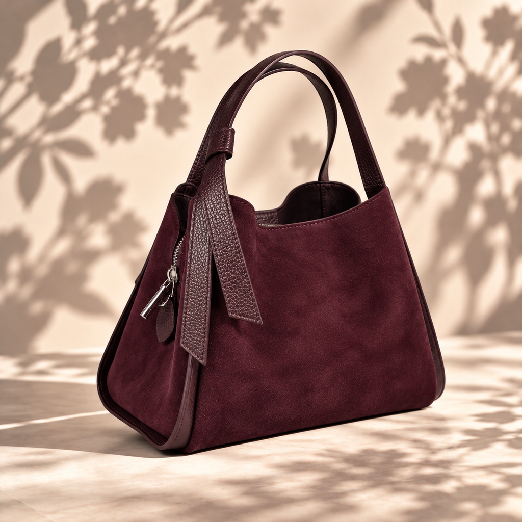 Suede Mini Bucket Bag in Burgundy