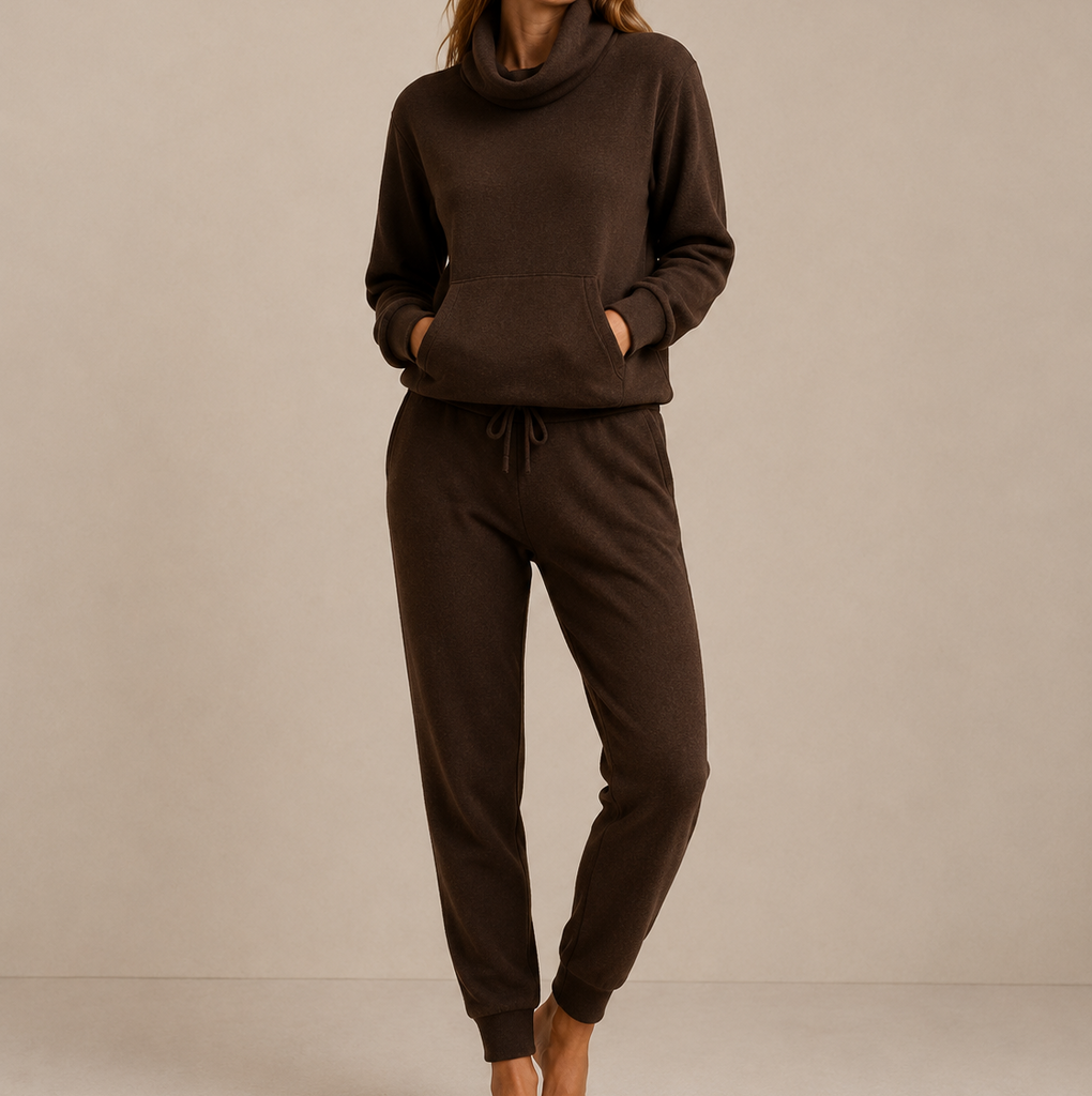 Chocolate Brown 100% Pure Cashmere Joggers and 100% Pure Cashmere Cowl Neck with Pouch by Kenmare Cashmere