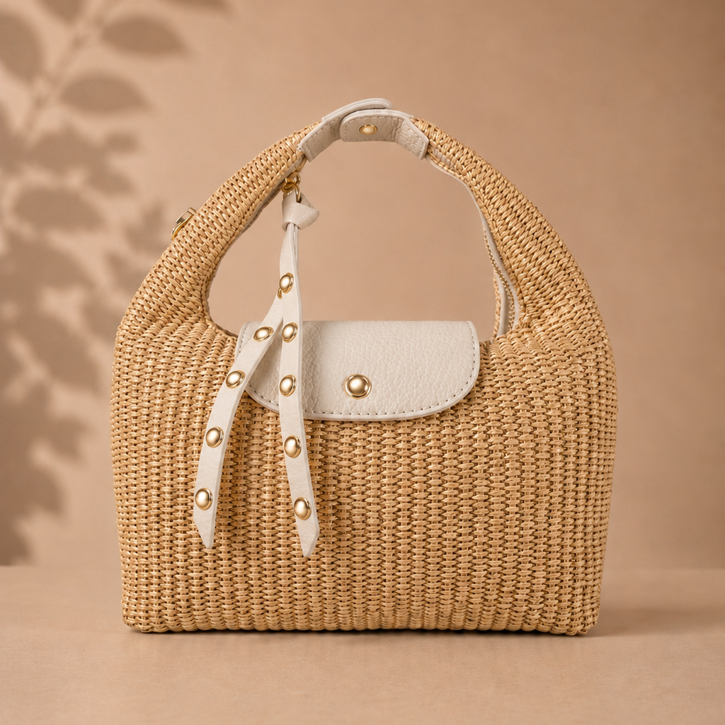 Cream Raffia and Dollar Leather Pinch Bag by Kenmare Cashmere