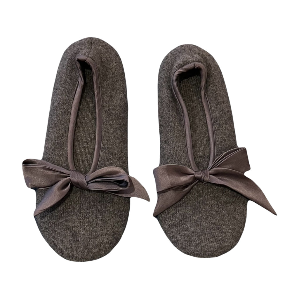 Charcoal Grey Cashmere Slippers with Silk Effect Bow by Kenmare Cashmere