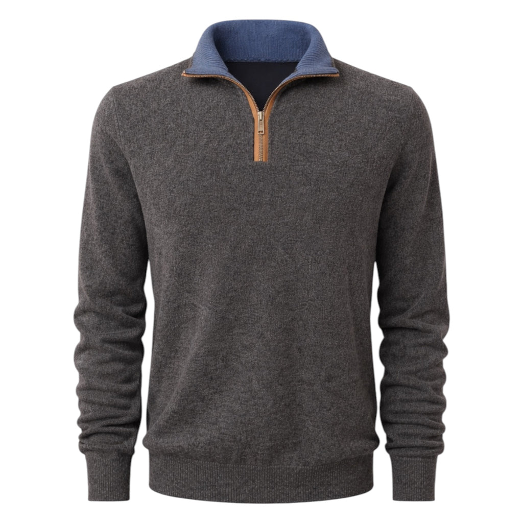 Charcoal Grey Half Zip 100% Pure Cashmere Sweater with Tan Leather Trim by Kenmare Cashmere