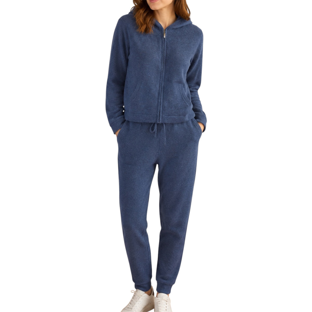 Denim Blue 100% Pure Cashmere Joggers and Hoodie designed by Kenmare Cashmere 