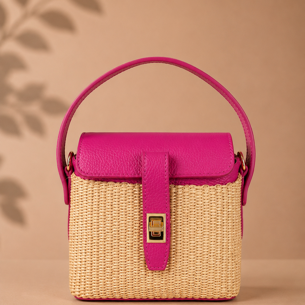 Fuchsia Raffia and Dollar Leather Bucket Bag by Kenmare Cashmere