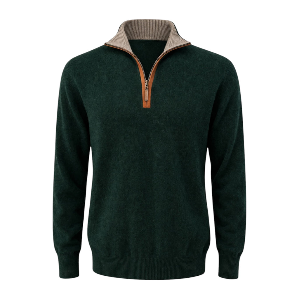 Mens Hunter Green 100% Pure Cashmere Half Zip Sweater with Leather Trim by Kenmare Cashmere