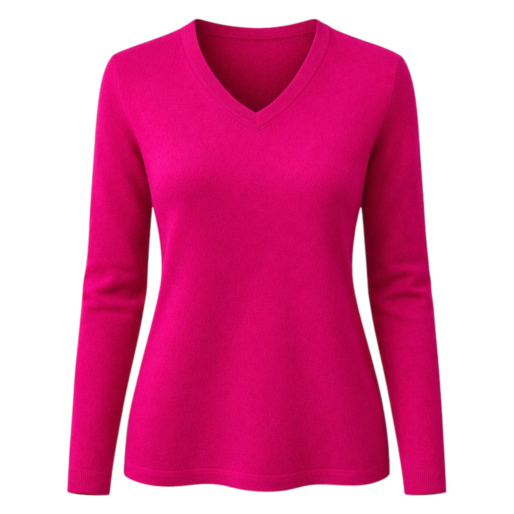 Ladies Cerise Pink Long Sleeve 100% Pure Cashmere V Neck Sweater by Kenmare Cashmere