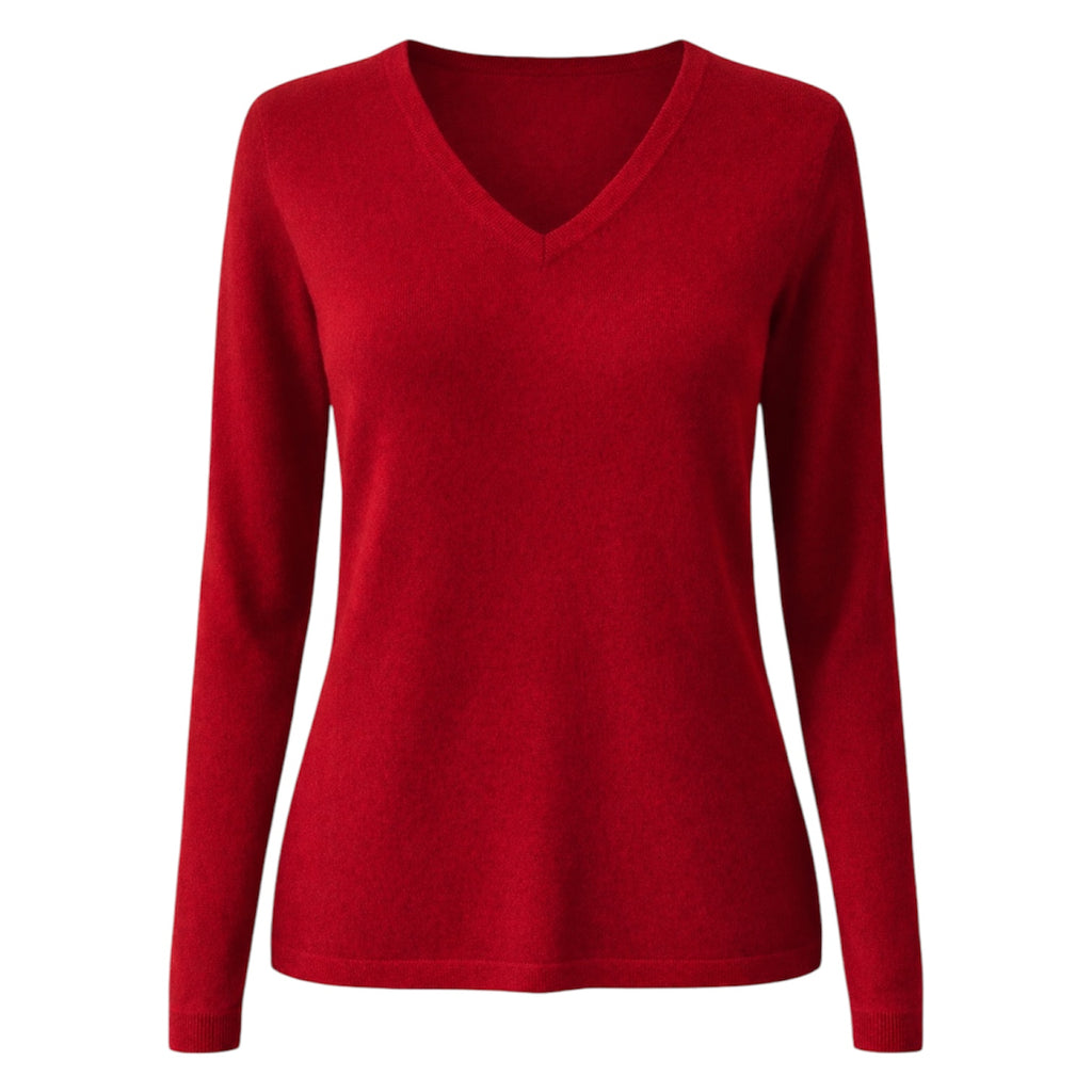 Ladies Red Long Sleeve 100% Pure Cashmere V Neck Sweater by Kenmare Cashmere