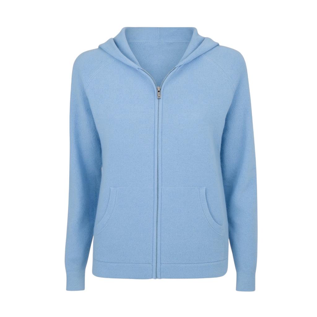 Soft Baby Blue Cashmere Hoodie with Full Zip and Hip Pockets by Kenmare Cashmere