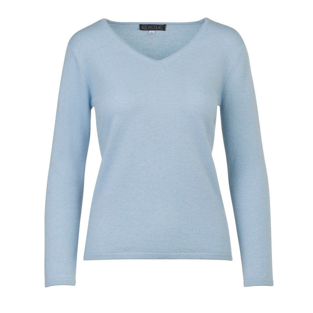 Soft Baby Blue 100% Pure Cashmere V Neck Sweater by Kenmare Cashmere