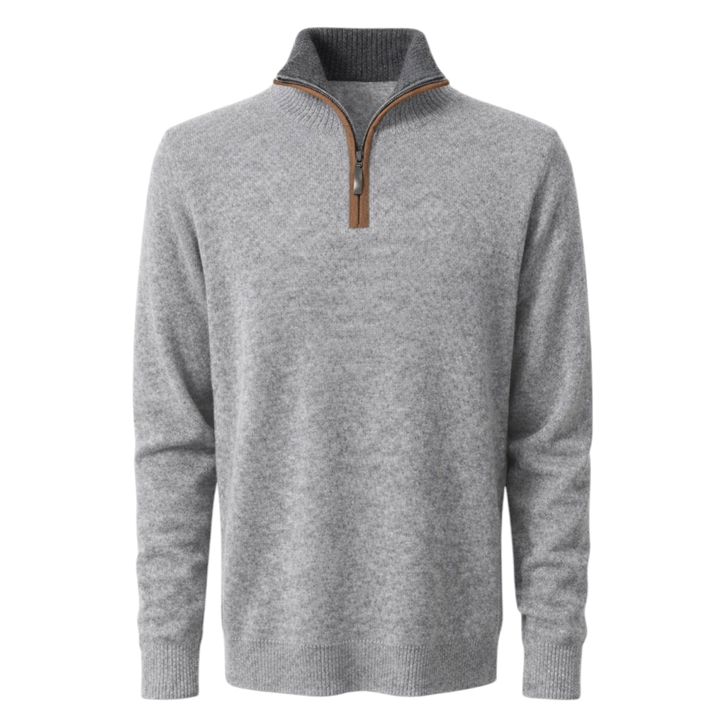 Silver Grey Leather Trim Half Zip 100% Pure Cashmere Sweater by Kenmare Cashmere