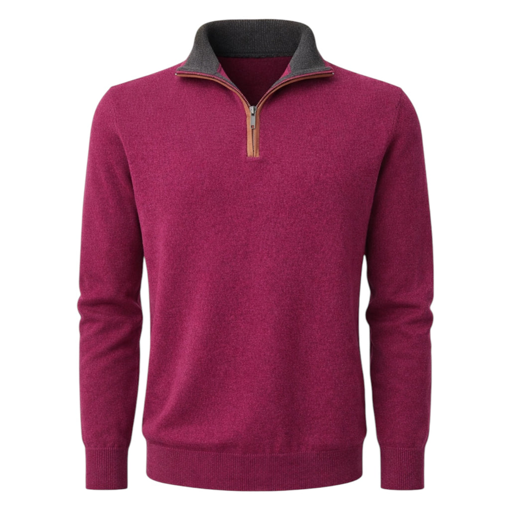 Loganberry Half Zip 100% Pure Cashmere Sweater with Tan Leather Trim by Kenmare Cashmere