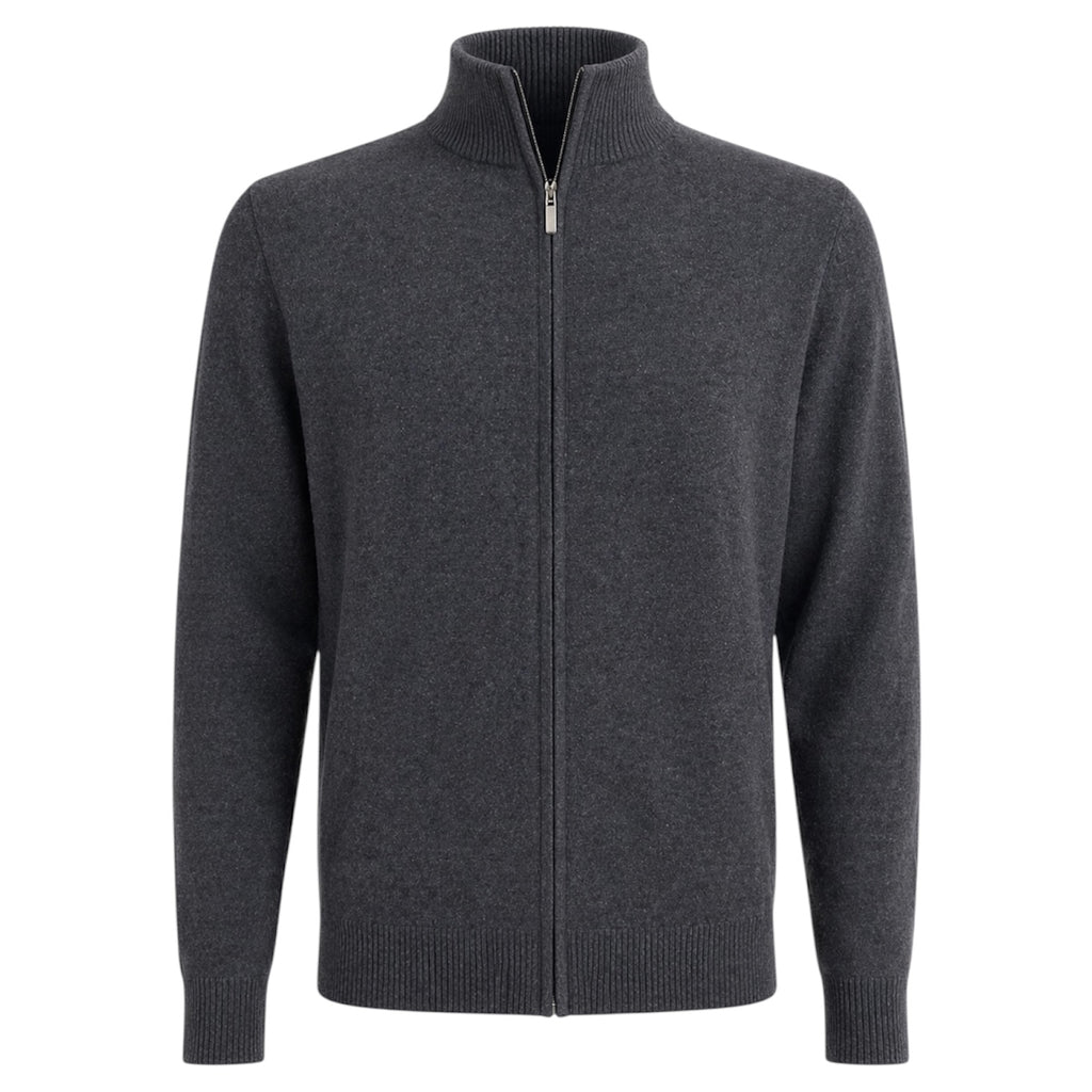 Mens Charcoal Grey 100% Pure Cashmere Full Zip Cardigan with Ribbed Collar by Kenmare Cashmere