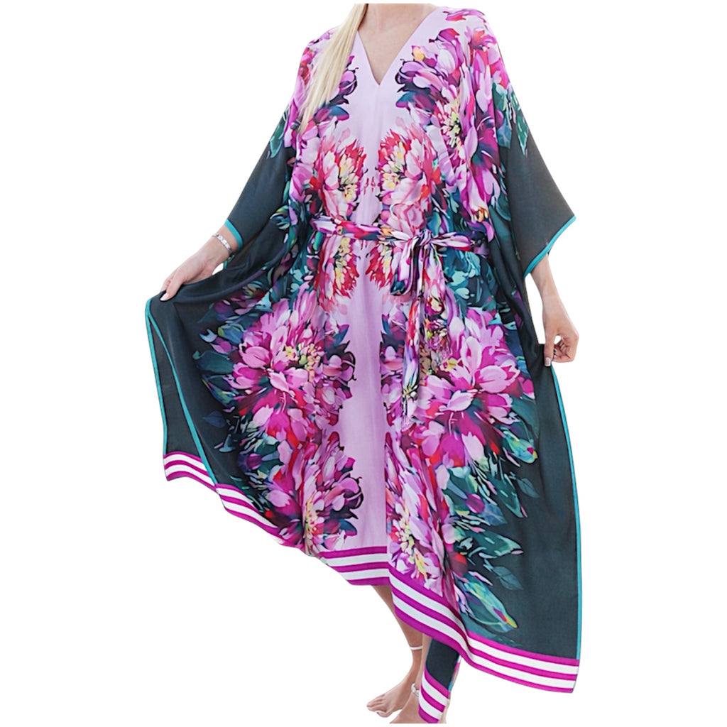 Green and Pink 100% Silk Floral Kaftan with Waist Belt