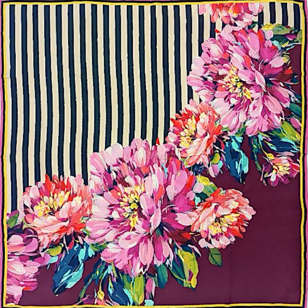 100% Silk Twill Floral and Striped Scarf by Caroline Duffy