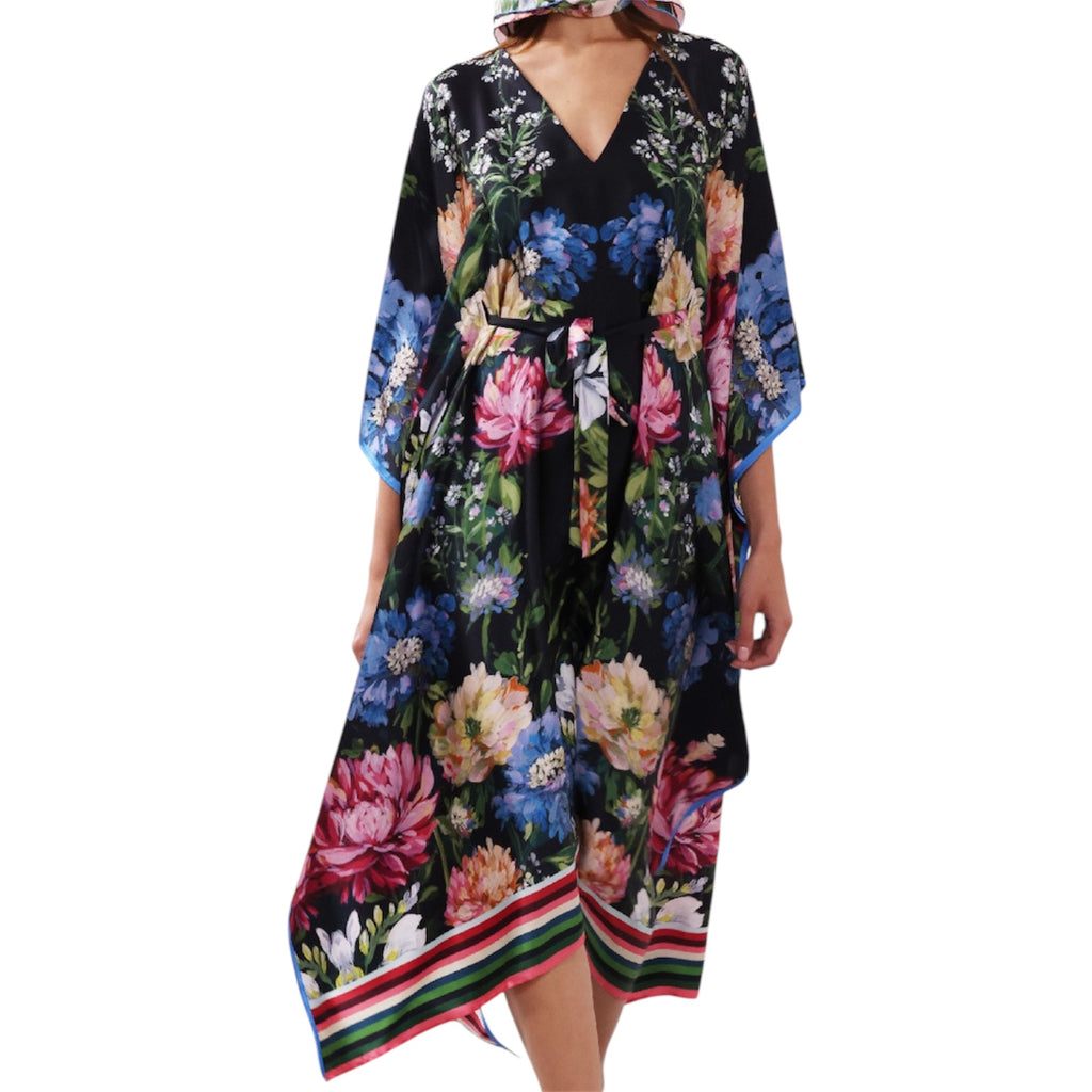 Black Floral 100% Silk Kaftan with Belted Waist by Caroline Duffy