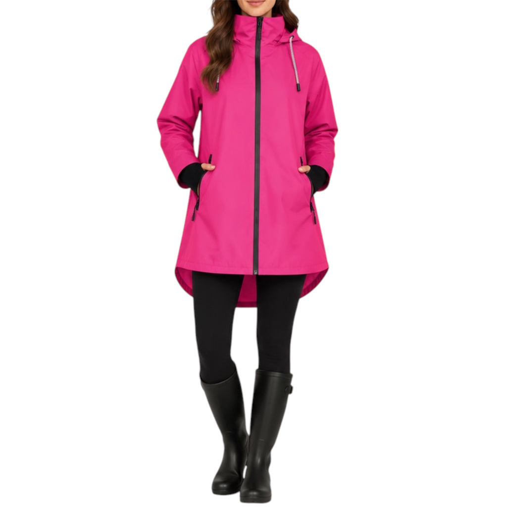 A woman wearing a bright pink hooded raincoat with black zipper and pocket trim, paired with black leggings and black rain boots, shown against a plain white background.