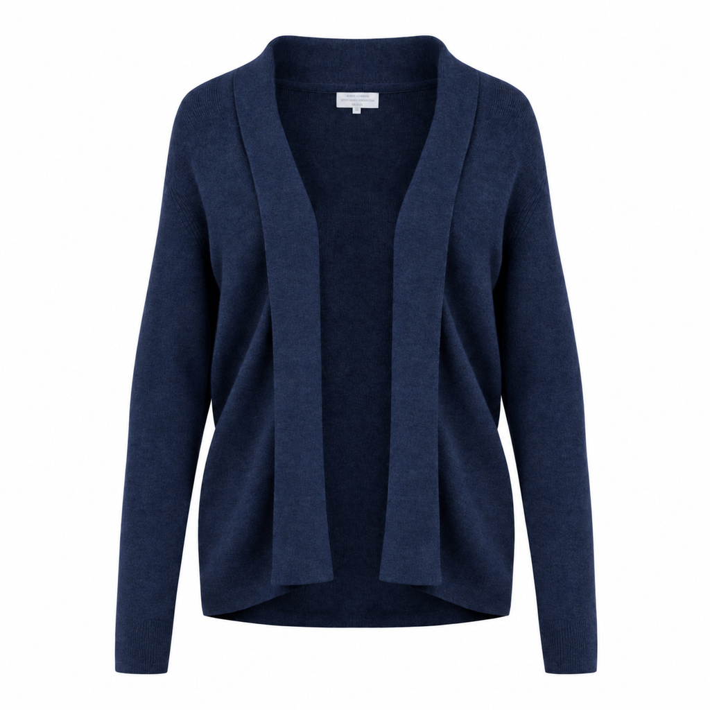 A dark navy blue open-front 100% pure cashmere cardigan jacket with a wide collar and long sleeves, shown against a plain white background.