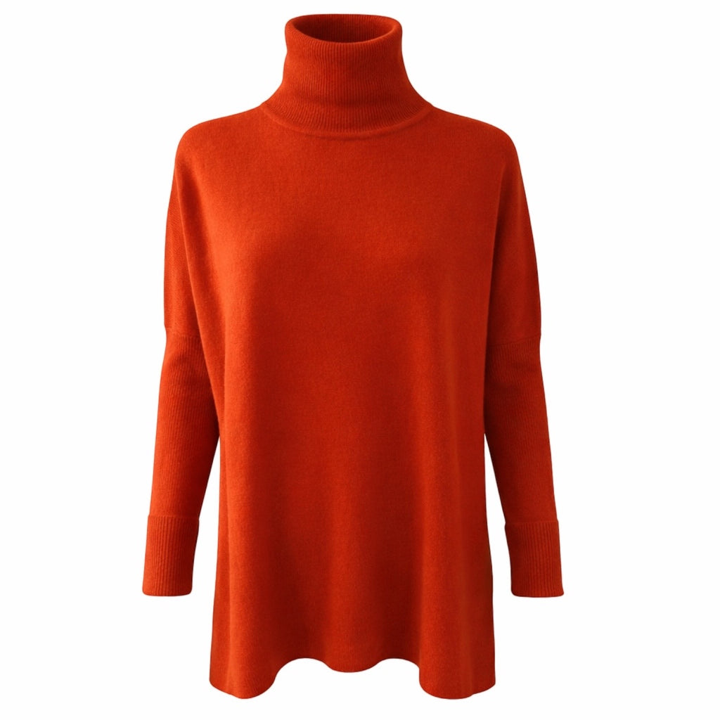 Burnt Orange Roll Neck 100% Pure Cashmere Tunic with Side Slits by Kenmare Cashmere