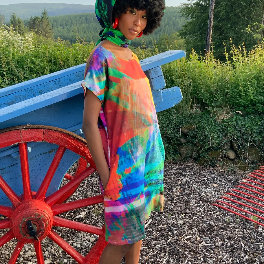 100% Silk Shift Dress Teal / Salmon