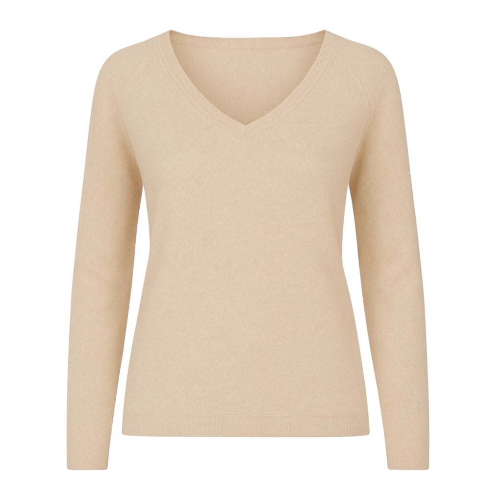 Sand 100% Pure Cashmere V Neck Sweater by Kenmare Cashmere
