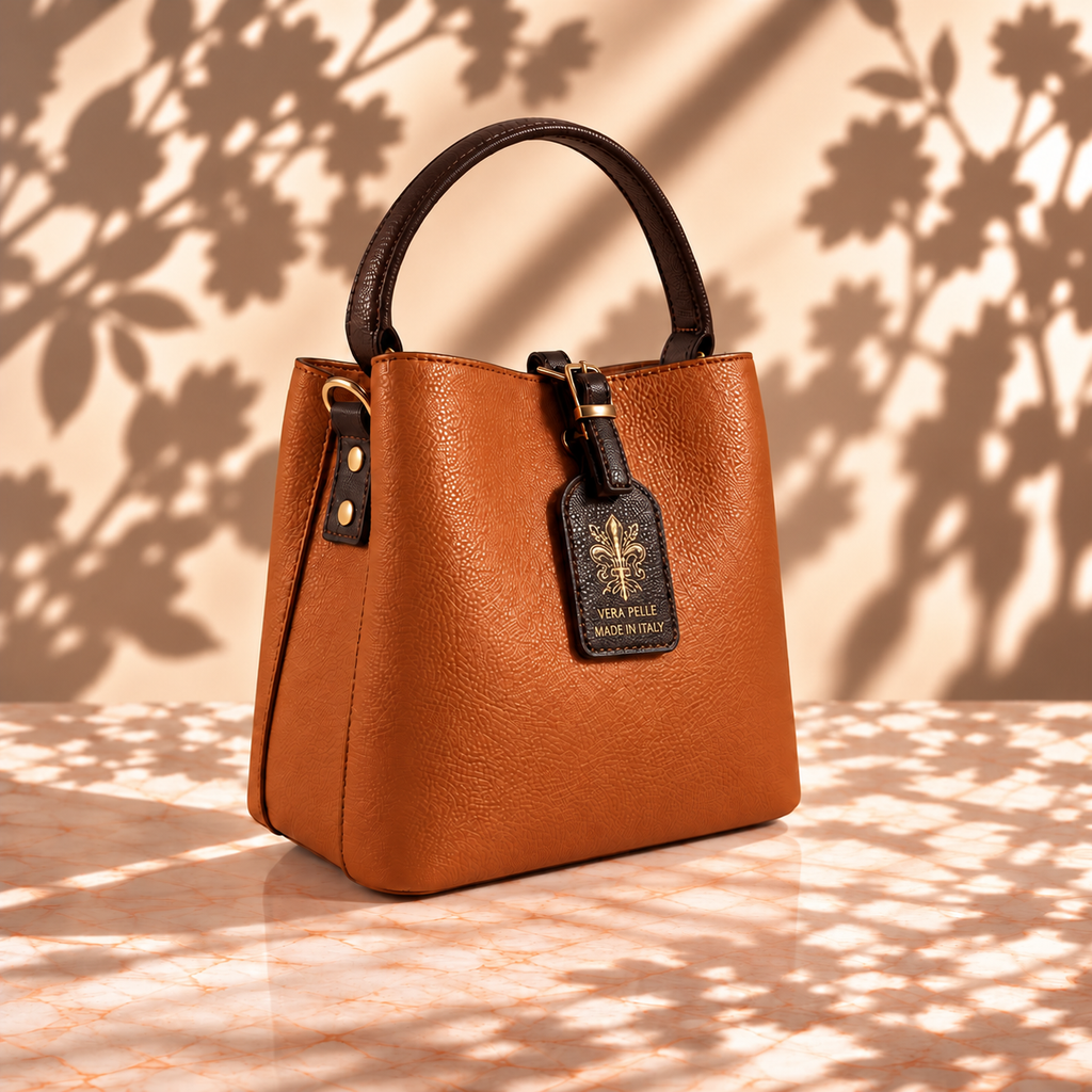 A structured tan pebbled leather handbag with dark brown handles and a hanging black leather brand tag, set against a warm beige wall and tabletop with leafy shadow patterns.