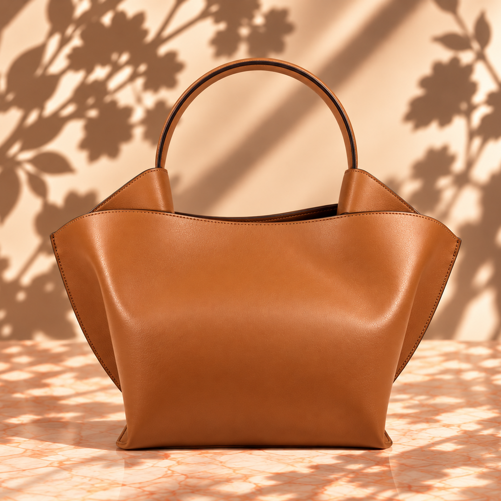 A structured tan leather handbag with a single top handle, displayed on a surface with warm sunlight and leaf shadows cast across it.