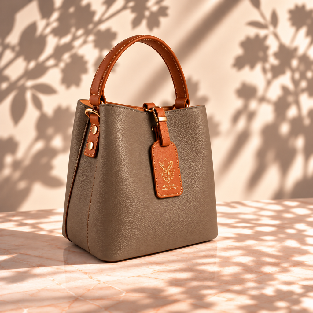 A structured pebbled leather handbag in taupe with tan leather handles, trim, and a hanging tag, photographed on a sunlit surface with leaf shadows cast across a beige wall and floor.