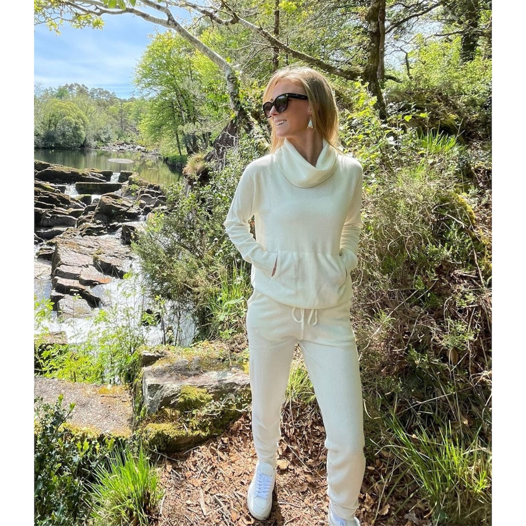 Winter White Cashmere Joggers and Cashmere Cowl Neck with Pouch by Kenmare Cashmere 