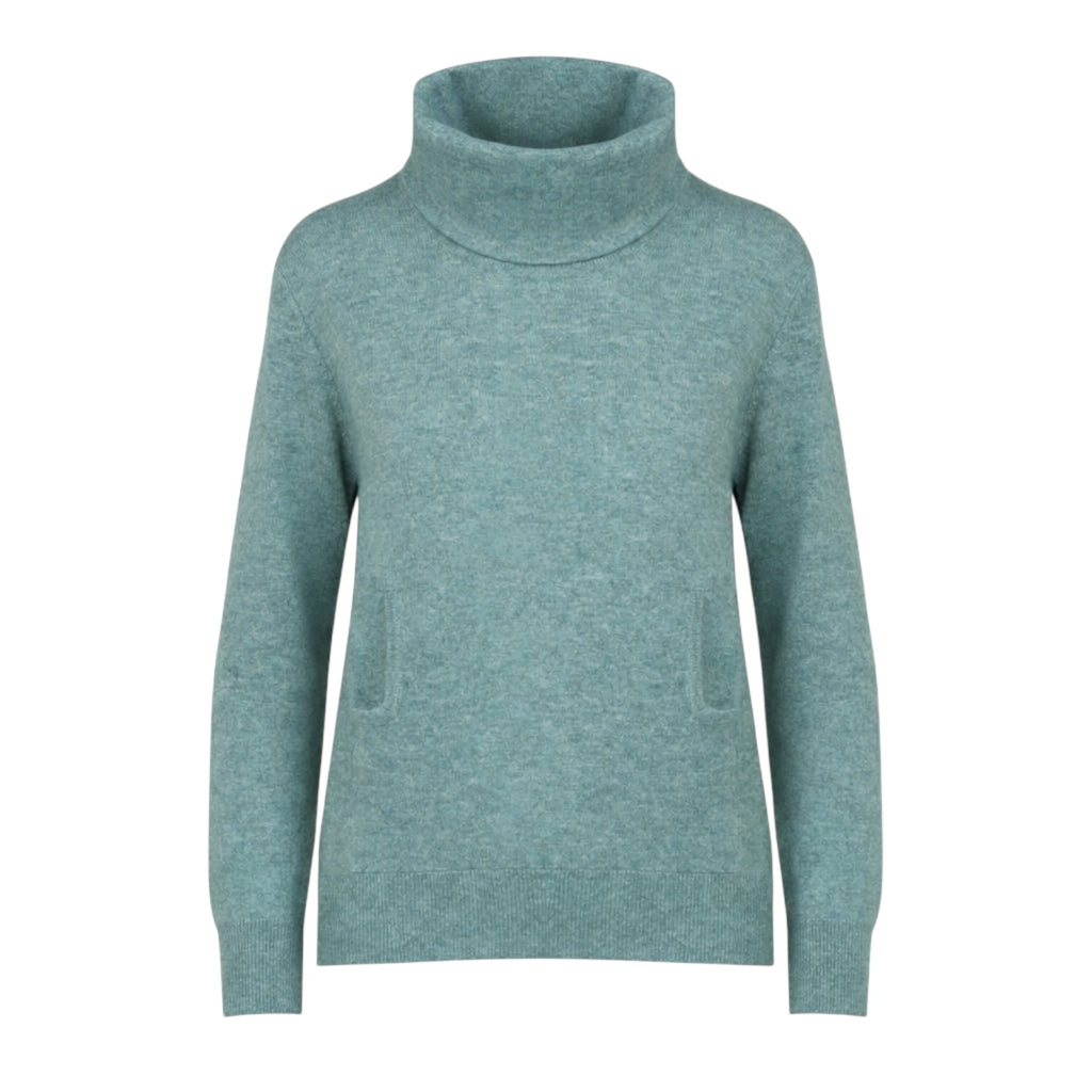 Sea green cashmere cowl neck with front pouch by Kenmare Cashmere
