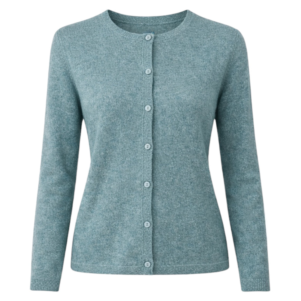 Women’s sea green cashmere button cardigan worn fully fastened