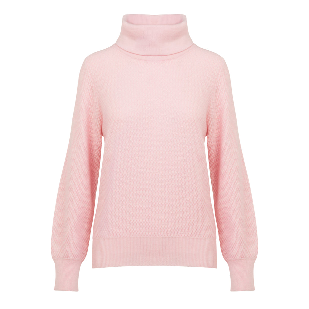 Pink Cashmere Relaxed Cowl Neck with Honeycomb Stitch and Ribbed Cuffs by Kenmare Cashmere