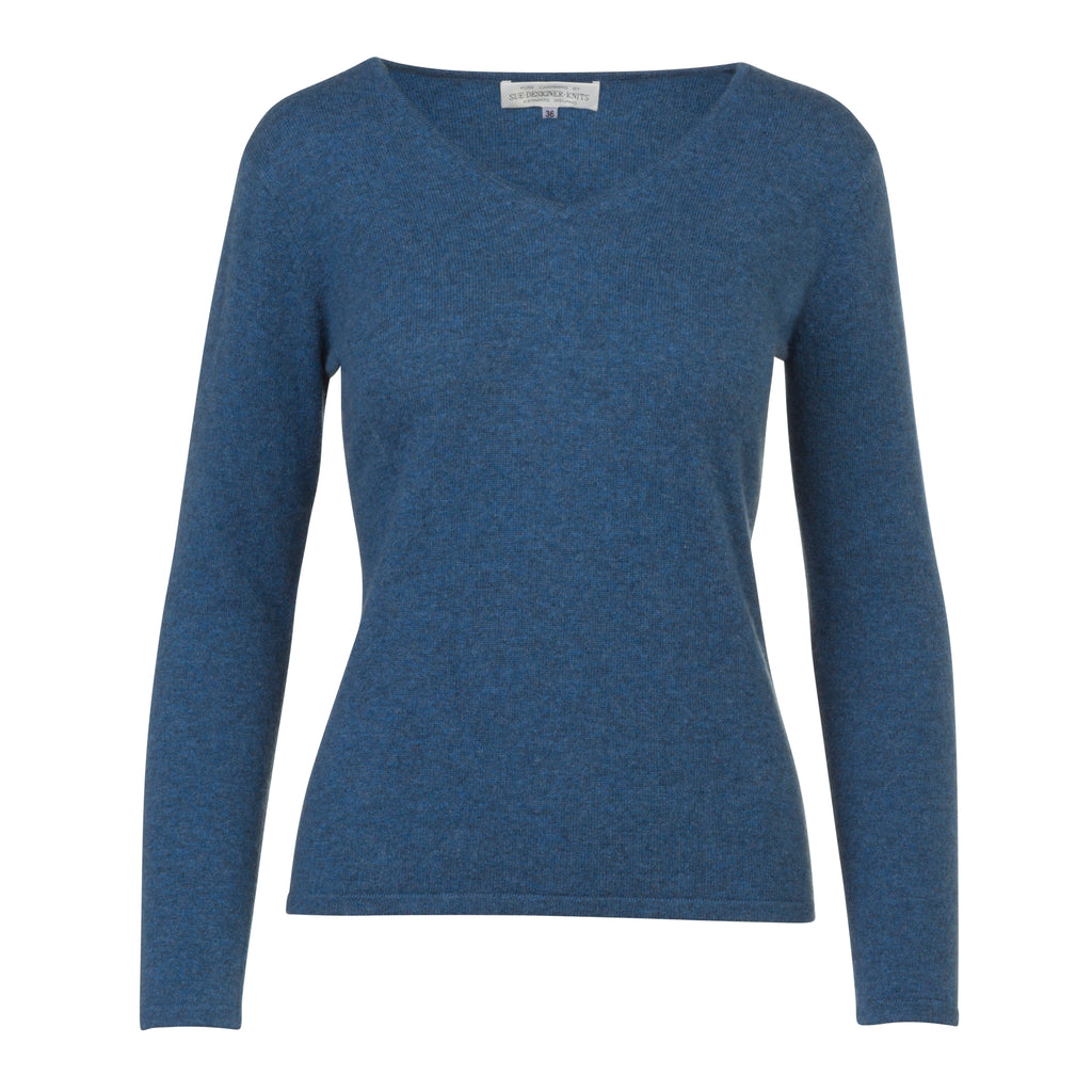 Denim Blue 100% Pure Cashmere V Neck Sweater by Kenmare Cashmere