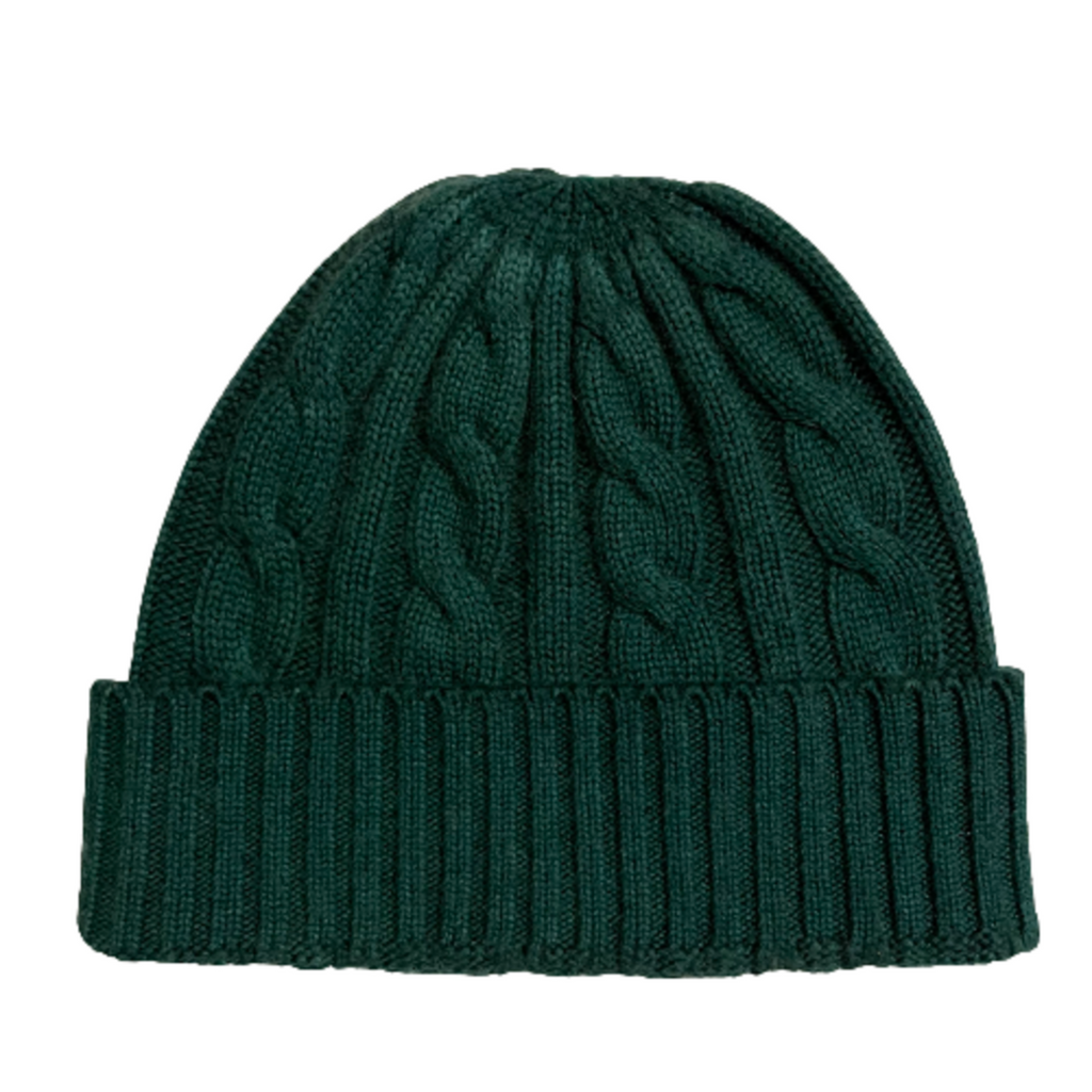 deep forest green cashmere beanie in cable knit finish by Kenmare Cashmere