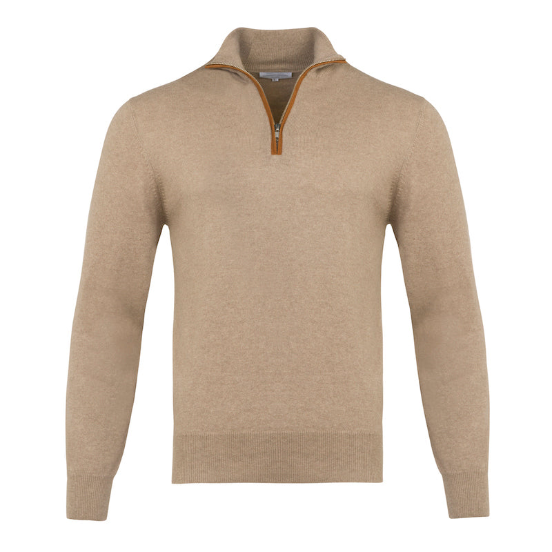 Half Zip with Leather Trim in Arabian Sand