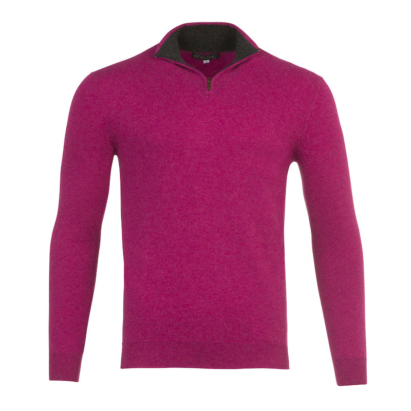 Rich Loganberry Pink Cashmere Half Zip Sweater with Two Tone Charcoal Grey Collar by Kenmare Cashmere
