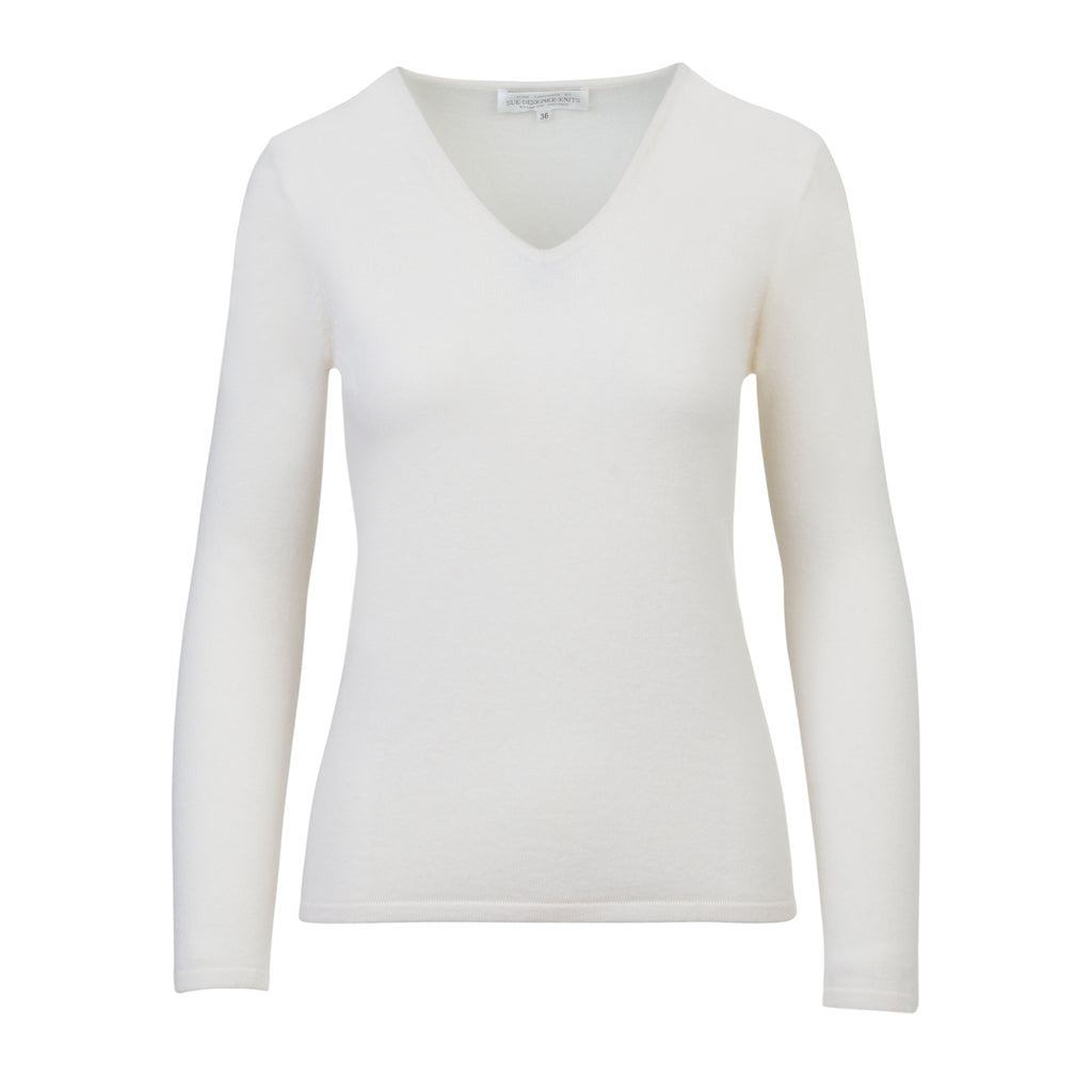 Warm Winter White 100% Pure Cashmere V Neck Sweater Kenmare Cashmere