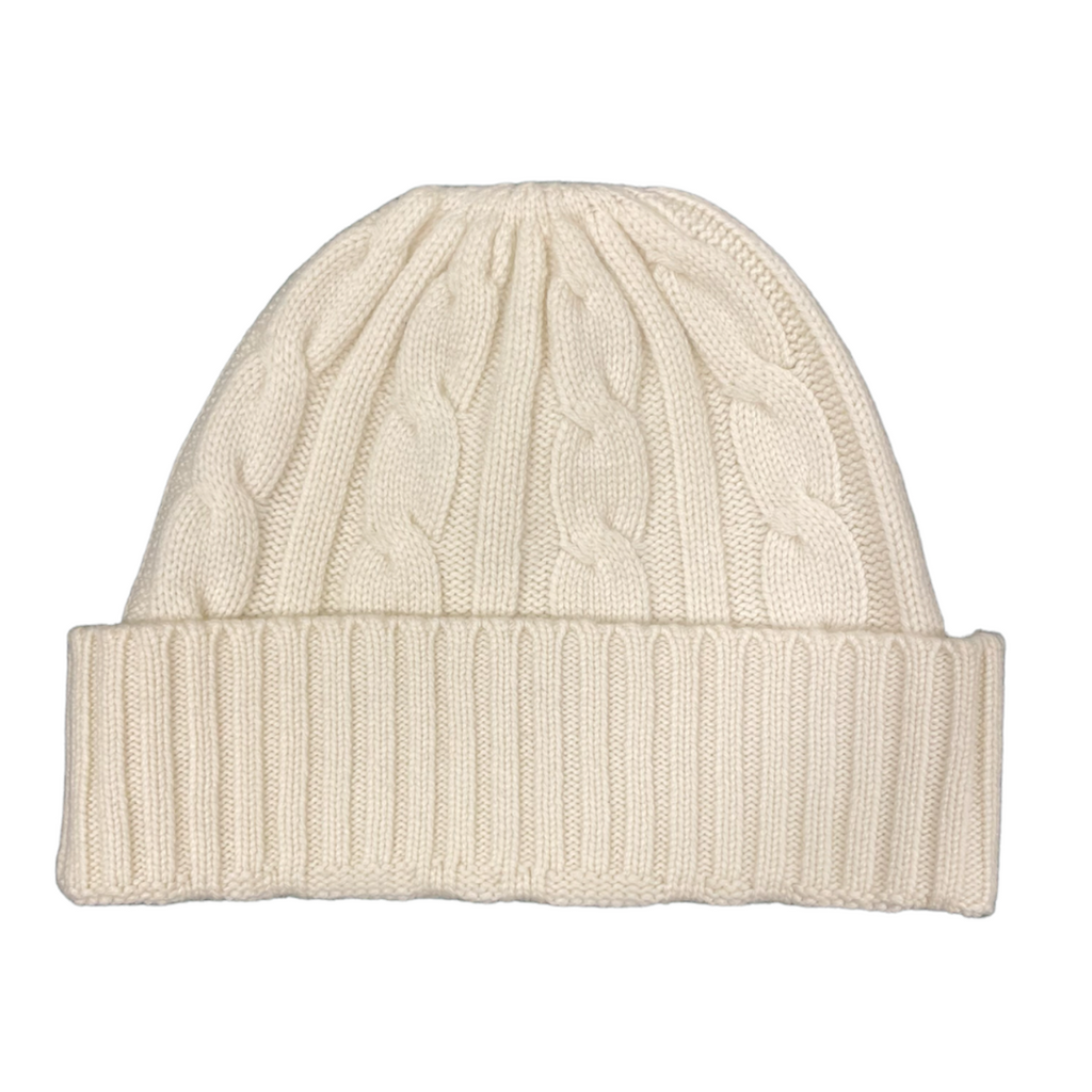 Winter White Cashmere Beanie with Cable Knit Detail