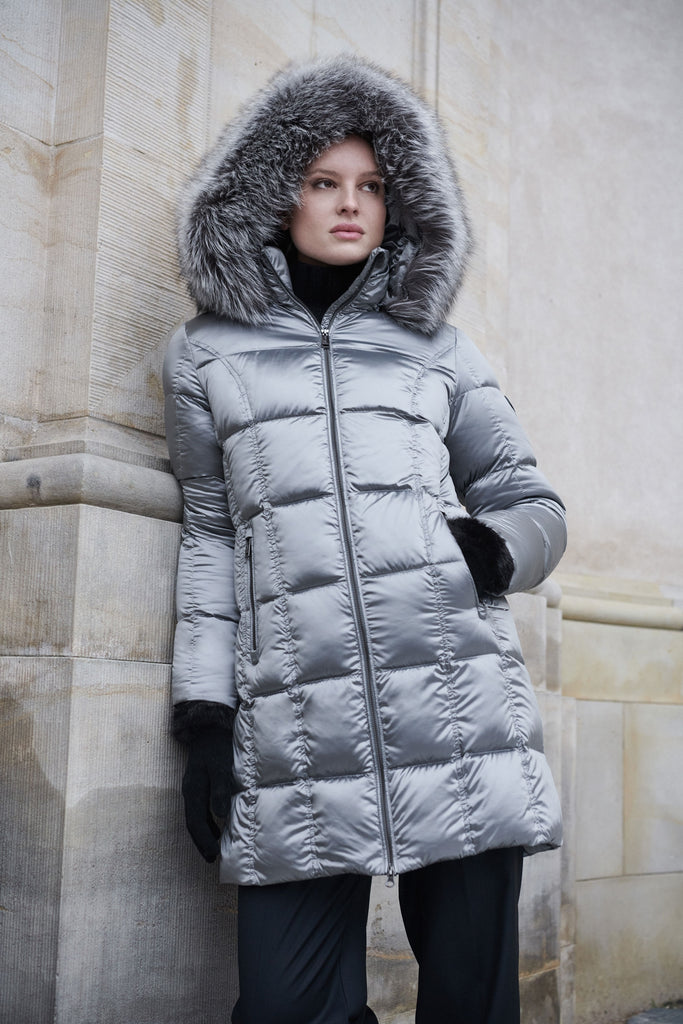 Frandsen Down-Filled Silver Quilted Coat with Fur Hood